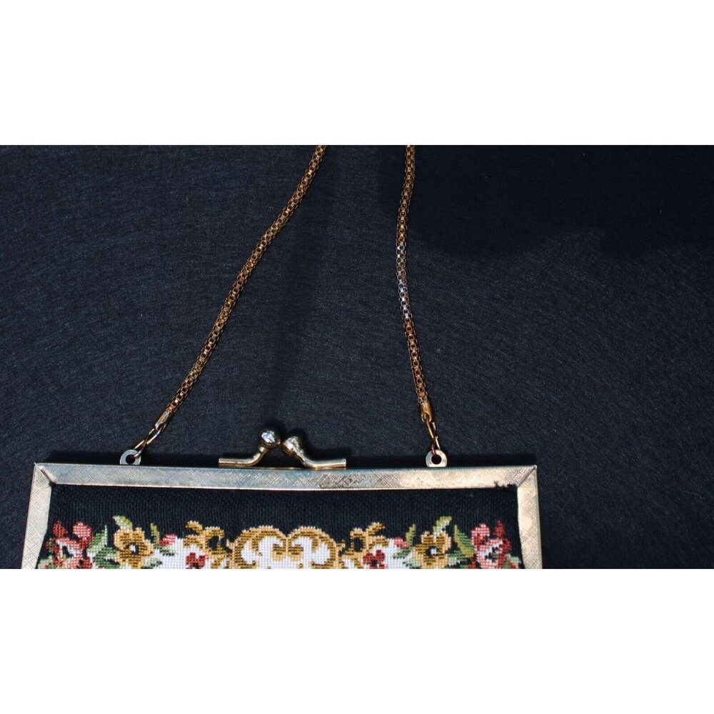Vintage Floral Tapestry Handbag Goldtone Clasp Rope Chain Handle - Picture 9 of 9